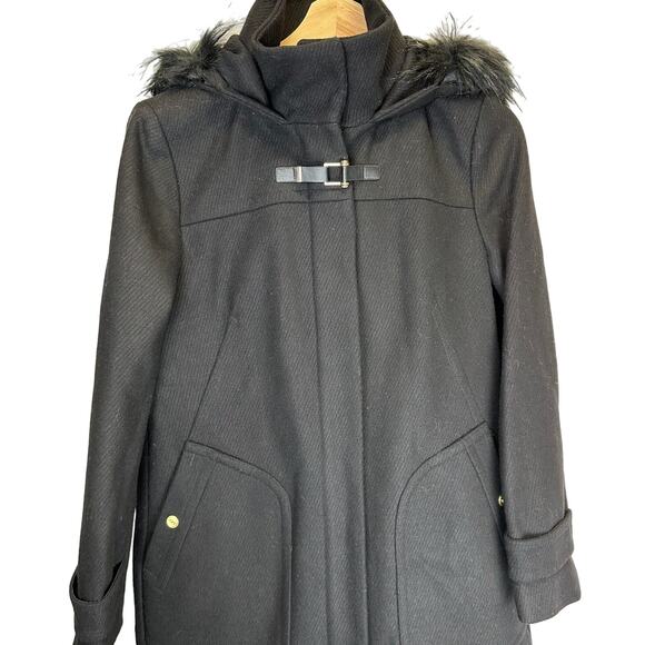 Cole Haan Black Faux Fur Trim Hooded Wool Long Duffle Pea Coat Womens Size 8 - Picture 2 of 16